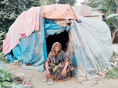 রায়গঞ্জে পলিথিনের ঝুপড়ি ঘরে বৃদ্ধা ছখিনার মানবেতর জীবনযাপন