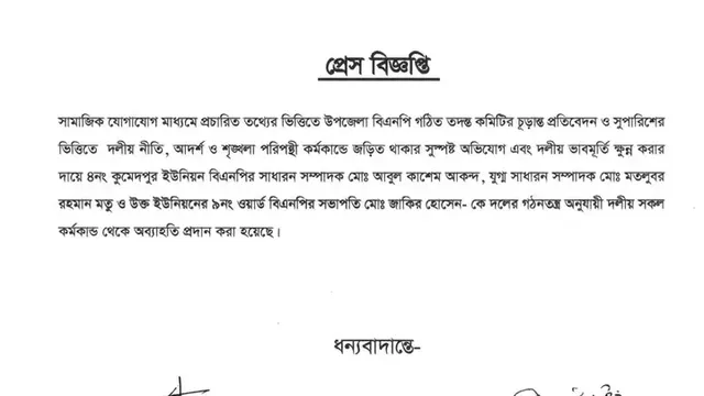 মহিলা দলের নেত্রীর সঙ্গে ফোনালাপ ফাঁস, ৩ বিএনপি নেতাকে অব্যাহতি
