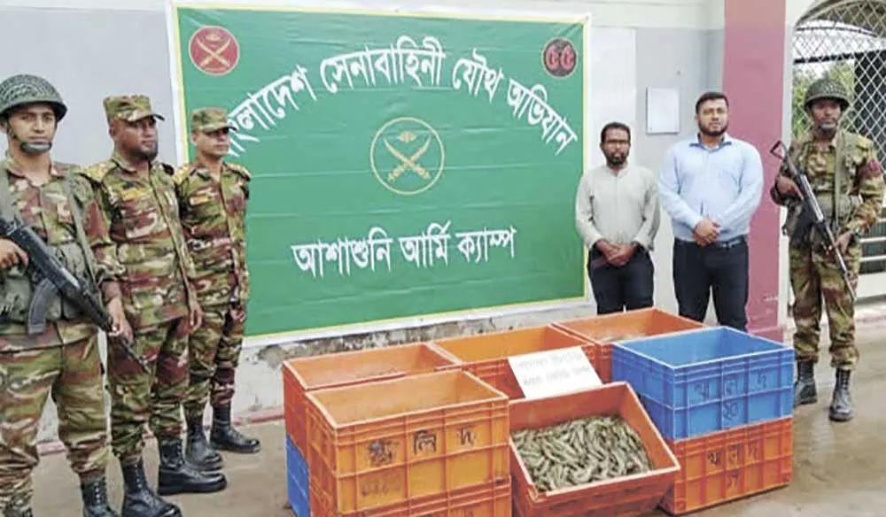 আশাশুনিতে সেনাবাহিনীর সহযোগীতায় ভ্রাম্যমাণ আদালতে পুশকৃত চিংড়ি মাছ